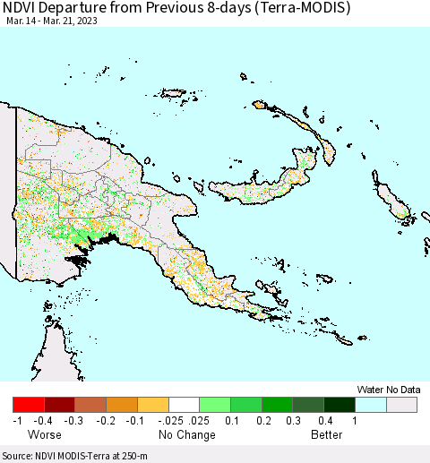 Papua New Guinea NDVI Departure from Previous 8-days (Terra-MODIS) Thematic Map For 3/14/2023 - 3/21/2023