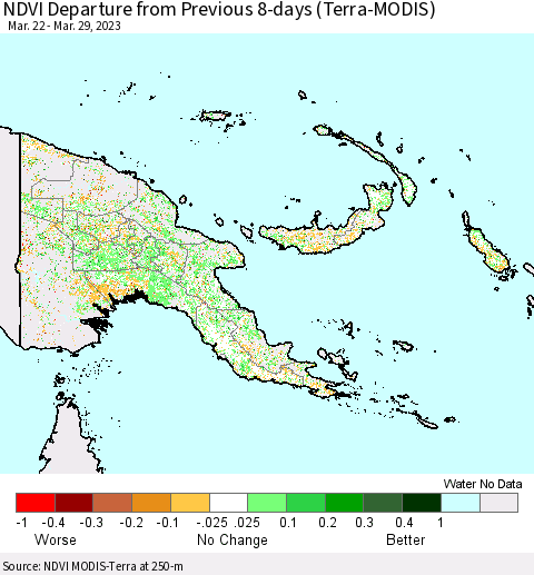 Papua New Guinea NDVI Departure from Previous 8-days (Terra-MODIS) Thematic Map For 3/22/2023 - 3/29/2023