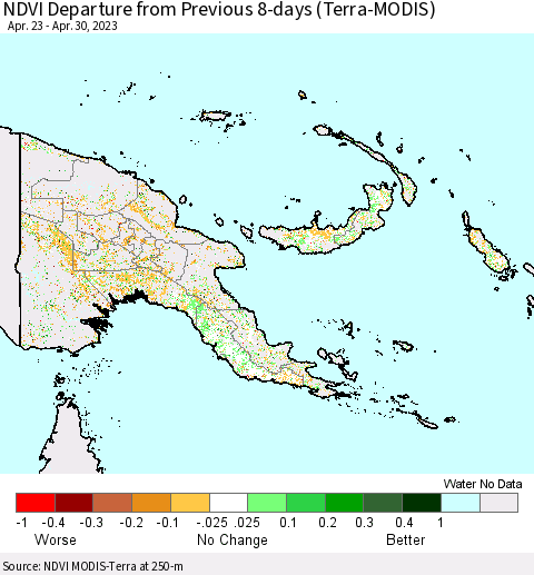 Papua New Guinea NDVI Departure from Previous 8-days (Terra-MODIS) Thematic Map For 4/23/2023 - 4/30/2023