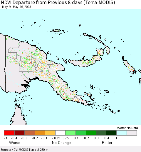 Papua New Guinea NDVI Departure from Previous 8-days (Terra-MODIS) Thematic Map For 5/9/2023 - 5/16/2023