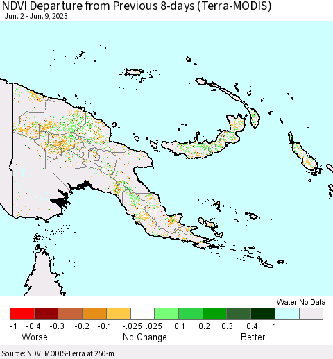 Papua New Guinea NDVI Departure from Previous 8-days (Terra-MODIS) Thematic Map For 6/2/2023 - 6/9/2023