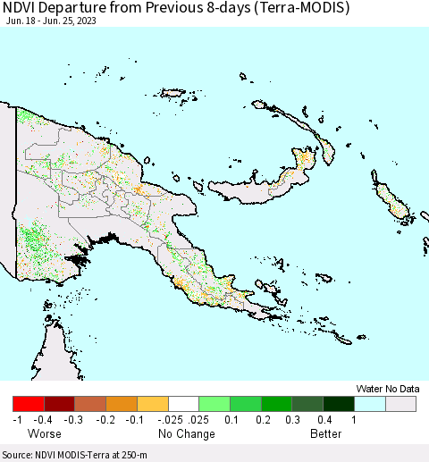 Papua New Guinea NDVI Departure from Previous 8-days (Terra-MODIS) Thematic Map For 6/18/2023 - 6/25/2023