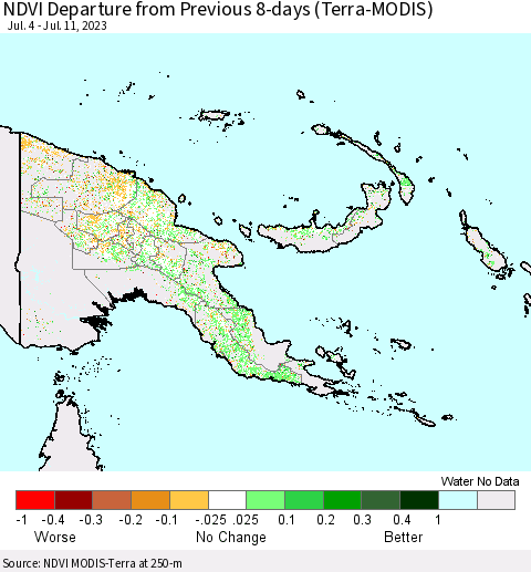 Papua New Guinea NDVI Departure from Previous 8-days (Terra-MODIS) Thematic Map For 7/4/2023 - 7/11/2023
