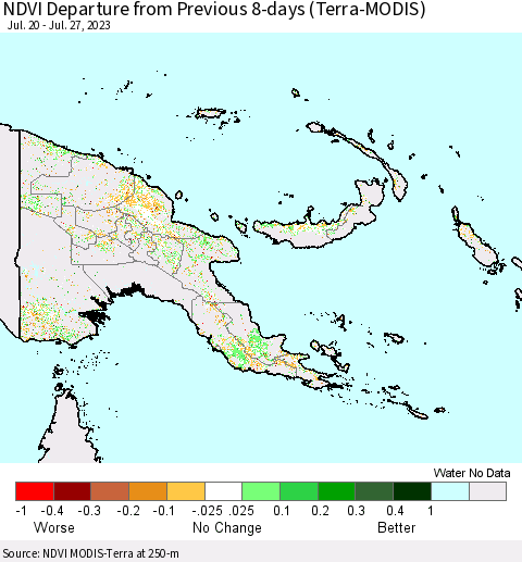 Papua New Guinea NDVI Departure from Previous 8-days (Terra-MODIS) Thematic Map For 7/20/2023 - 7/27/2023