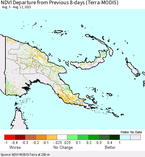 Papua New Guinea NDVI Departure from Previous 8-days (Terra-MODIS) Thematic Map For 8/5/2023 - 8/12/2023