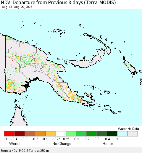 Papua New Guinea NDVI Departure from Previous 8-days (Terra-MODIS) Thematic Map For 8/13/2023 - 8/20/2023