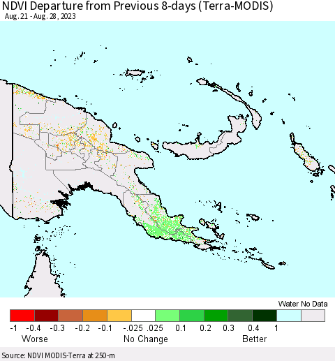 Papua New Guinea NDVI Departure from Previous 8-days (Terra-MODIS) Thematic Map For 8/21/2023 - 8/28/2023