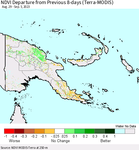 Papua New Guinea NDVI Departure from Previous 8-days (Terra-MODIS) Thematic Map For 8/29/2023 - 9/5/2023