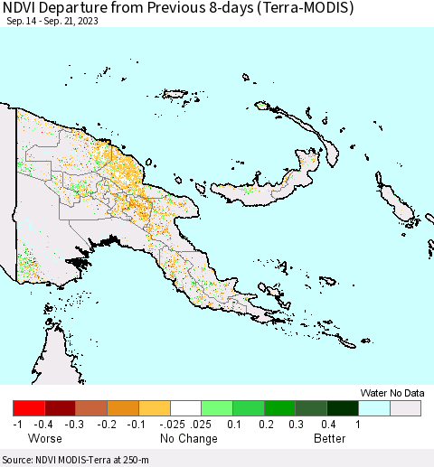 Papua New Guinea NDVI Departure from Previous 8-days (Terra-MODIS) Thematic Map For 9/14/2023 - 9/21/2023