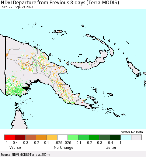 Papua New Guinea NDVI Departure from Previous 8-days (Terra-MODIS) Thematic Map For 9/22/2023 - 9/29/2023
