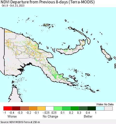 Papua New Guinea NDVI Departure from Previous 8-days (Terra-MODIS) Thematic Map For 10/8/2023 - 10/15/2023