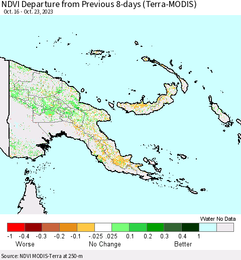 Papua New Guinea NDVI Departure from Previous 8-days (Terra-MODIS) Thematic Map For 10/16/2023 - 10/23/2023