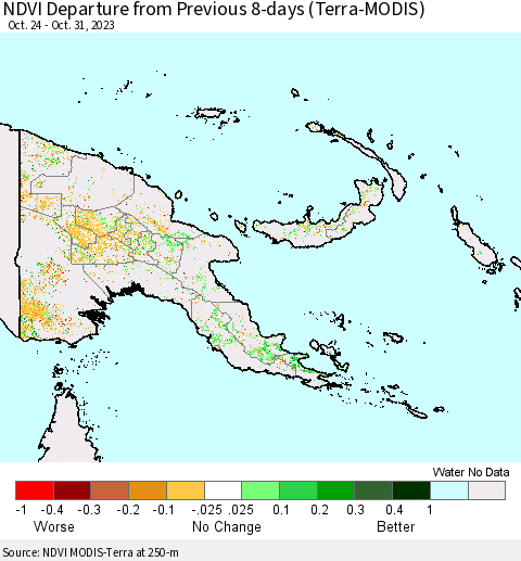 Papua New Guinea NDVI Departure from Previous 8-days (Terra-MODIS) Thematic Map For 10/24/2023 - 10/31/2023