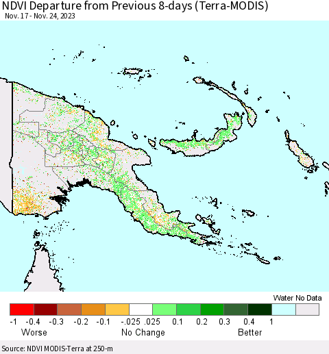 Papua New Guinea NDVI Departure from Previous 8-days (Terra-MODIS) Thematic Map For 11/17/2023 - 11/24/2023