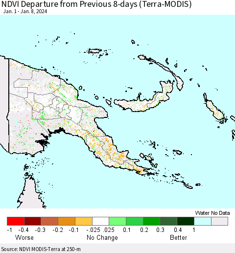 Papua New Guinea NDVI Departure from Previous 8-days (Terra-MODIS) Thematic Map For 1/1/2024 - 1/8/2024