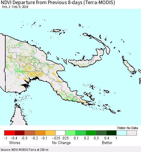 Papua New Guinea NDVI Departure from Previous 8-days (Terra-MODIS) Thematic Map For 2/2/2024 - 2/9/2024