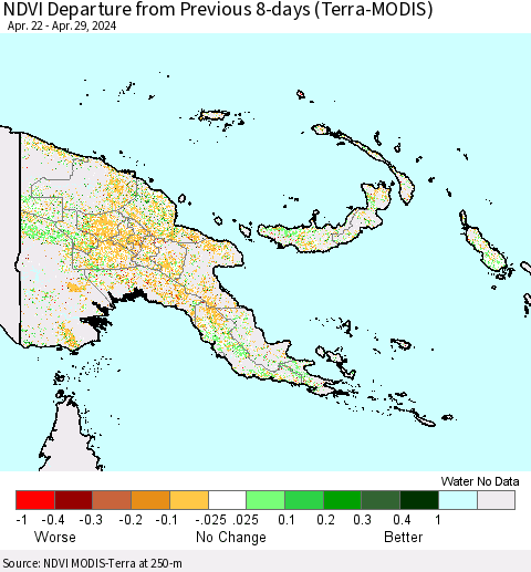 Papua New Guinea NDVI Departure from Previous 8-days (Terra-MODIS) Thematic Map For 4/22/2024 - 4/29/2024