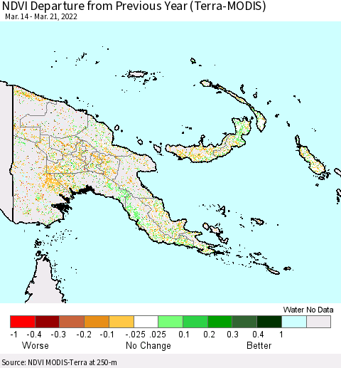Papua New Guinea NDVI Departure from Previous Year (Terra-MODIS) Thematic Map For 3/14/2022 - 3/21/2022