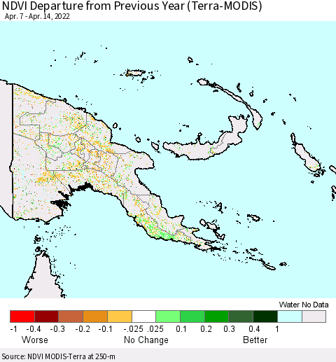 Papua New Guinea NDVI Departure from Previous Year (Terra-MODIS) Thematic Map For 4/7/2022 - 4/14/2022