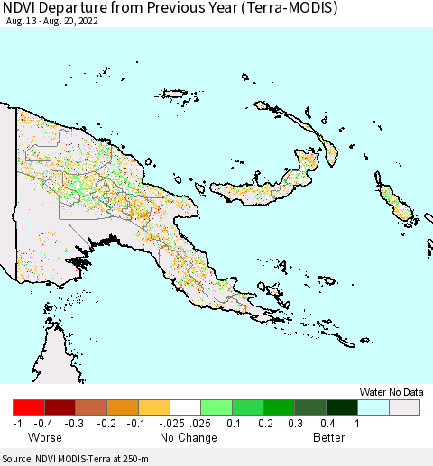 Papua New Guinea NDVI Departure from Previous Year (Terra-MODIS) Thematic Map For 8/13/2022 - 8/20/2022