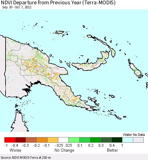 Papua New Guinea NDVI Departure from Previous Year (Terra-MODIS) Thematic Map For 9/30/2022 - 10/7/2022
