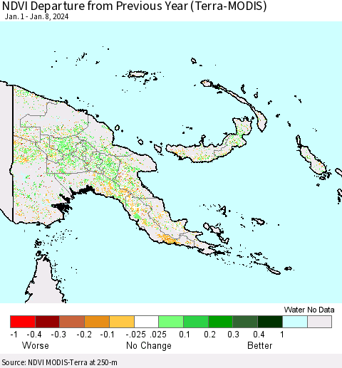 Papua New Guinea NDVI Departure from Previous Year (Terra-MODIS) Thematic Map For 1/1/2024 - 1/8/2024
