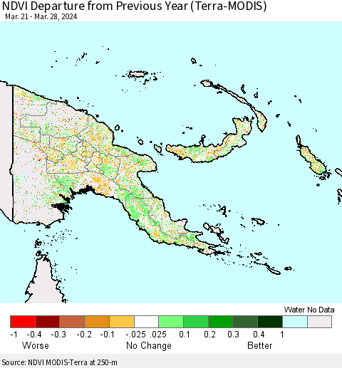 Papua New Guinea NDVI Departure from Previous Year (Terra-MODIS) Thematic Map For 3/21/2024 - 3/28/2024