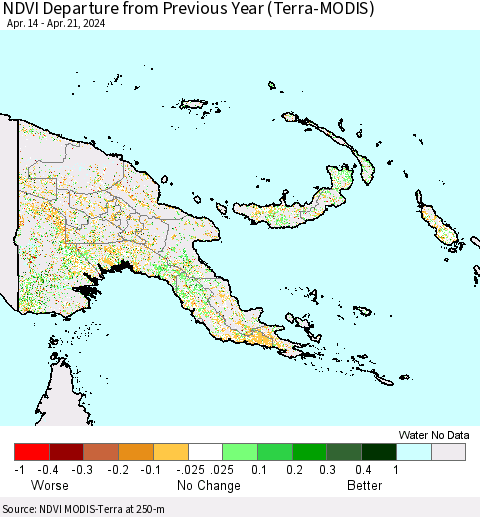Papua New Guinea NDVI Departure from Previous Year (Terra-MODIS) Thematic Map For 4/14/2024 - 4/21/2024