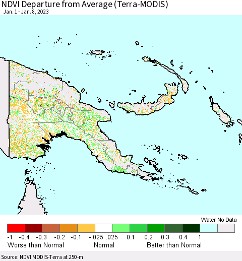 Papua New Guinea NDVI Departure from Average (Terra-MODIS) Thematic Map For 1/1/2023 - 1/8/2023