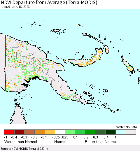 Papua New Guinea NDVI Departure from Average (Terra-MODIS) Thematic Map For 1/9/2023 - 1/16/2023