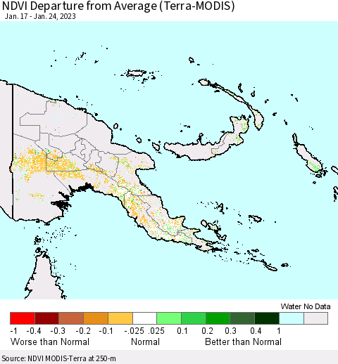 Papua New Guinea NDVI Departure from Average (Terra-MODIS) Thematic Map For 1/17/2023 - 1/24/2023