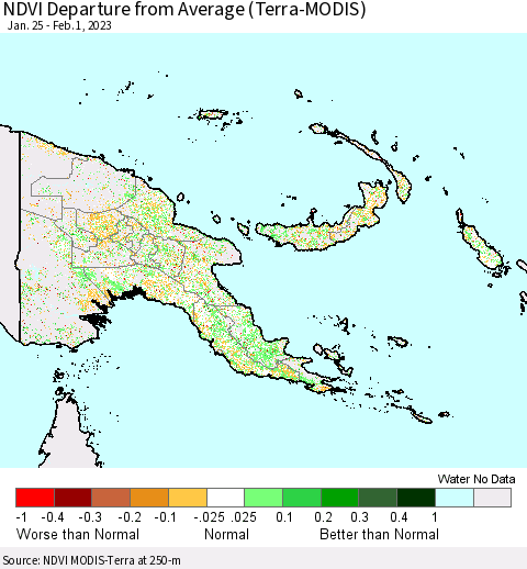 Papua New Guinea NDVI Departure from Average (Terra-MODIS) Thematic Map For 1/25/2023 - 2/1/2023