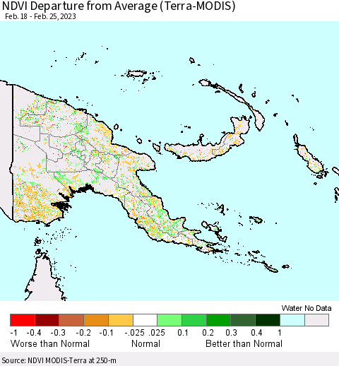 Papua New Guinea NDVI Departure from Average (Terra-MODIS) Thematic Map For 2/18/2023 - 2/25/2023