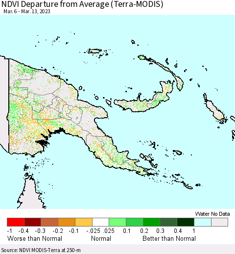 Papua New Guinea NDVI Departure from Average (Terra-MODIS) Thematic Map For 3/6/2023 - 3/13/2023