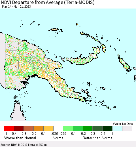 Papua New Guinea NDVI Departure from Average (Terra-MODIS) Thematic Map For 3/14/2023 - 3/21/2023