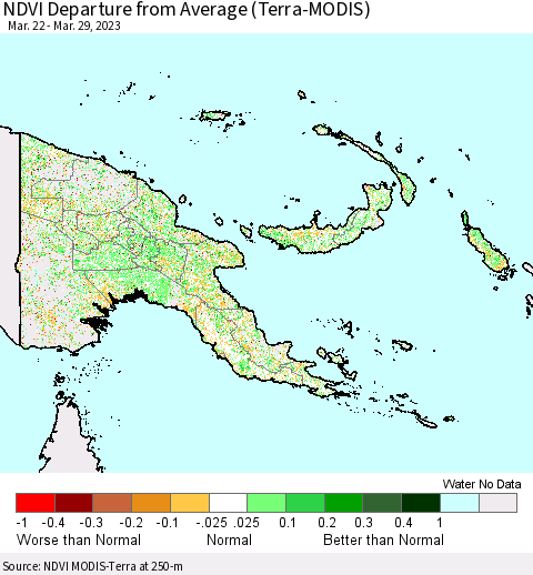 Papua New Guinea NDVI Departure from Average (Terra-MODIS) Thematic Map For 3/22/2023 - 3/29/2023