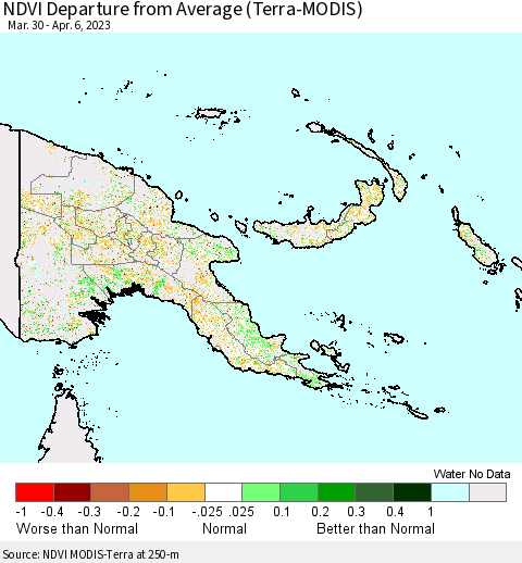 Papua New Guinea NDVI Departure from Average (Terra-MODIS) Thematic Map For 3/30/2023 - 4/6/2023