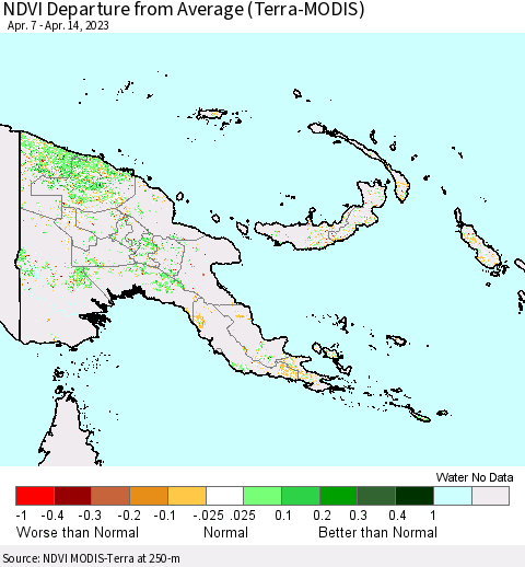 Papua New Guinea NDVI Departure from Average (Terra-MODIS) Thematic Map For 4/7/2023 - 4/14/2023