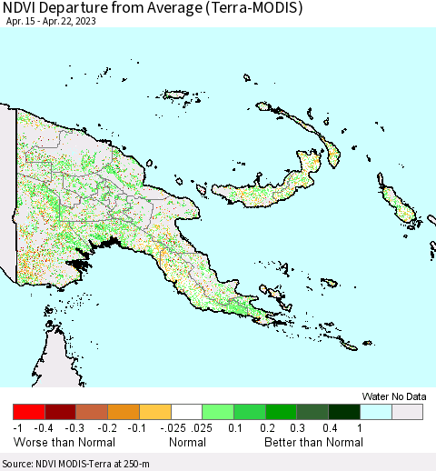 Papua New Guinea NDVI Departure from Average (Terra-MODIS) Thematic Map For 4/15/2023 - 4/22/2023