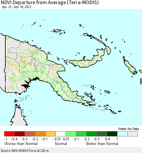 Papua New Guinea NDVI Departure from Average (Terra-MODIS) Thematic Map For 4/23/2023 - 4/30/2023