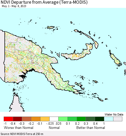 Papua New Guinea NDVI Departure from Average (Terra-MODIS) Thematic Map For 5/1/2023 - 5/8/2023