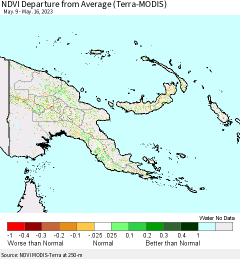 Papua New Guinea NDVI Departure from Average (Terra-MODIS) Thematic Map For 5/9/2023 - 5/16/2023