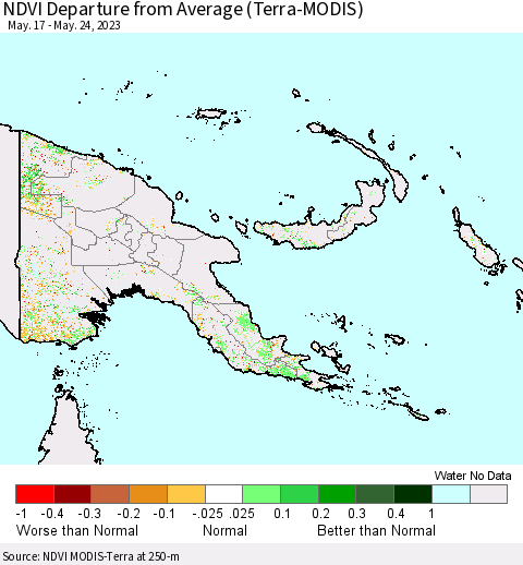 Papua New Guinea NDVI Departure from Average (Terra-MODIS) Thematic Map For 5/17/2023 - 5/24/2023