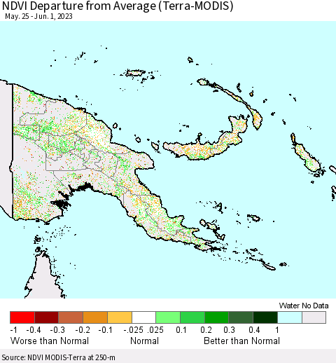 Papua New Guinea NDVI Departure from Average (Terra-MODIS) Thematic Map For 5/25/2023 - 6/1/2023