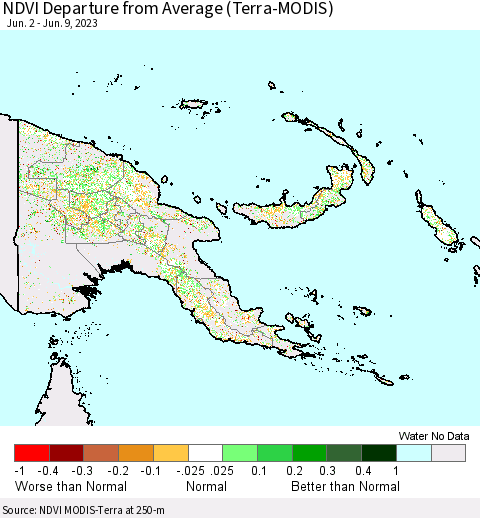 Papua New Guinea NDVI Departure from Average (Terra-MODIS) Thematic Map For 6/2/2023 - 6/9/2023