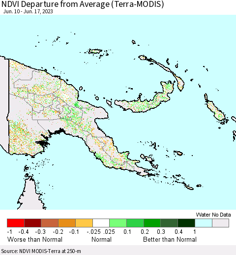 Papua New Guinea NDVI Departure from Average (Terra-MODIS) Thematic Map For 6/10/2023 - 6/17/2023