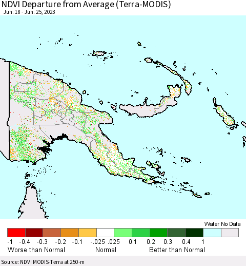 Papua New Guinea NDVI Departure from Average (Terra-MODIS) Thematic Map For 6/18/2023 - 6/25/2023