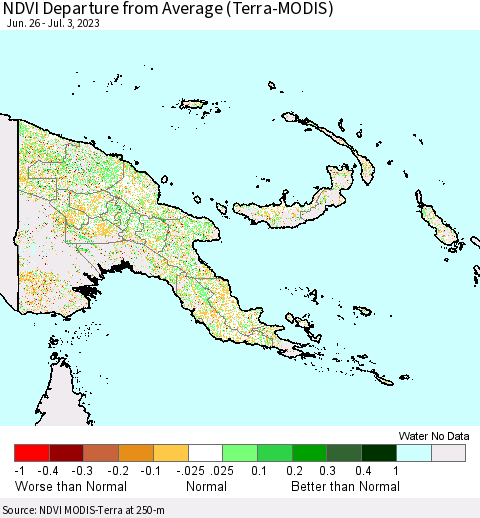 Papua New Guinea NDVI Departure from Average (Terra-MODIS) Thematic Map For 6/26/2023 - 7/3/2023