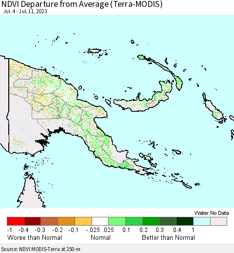 Papua New Guinea NDVI Departure from Average (Terra-MODIS) Thematic Map For 7/4/2023 - 7/11/2023