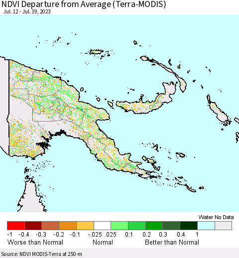 Papua New Guinea NDVI Departure from Average (Terra-MODIS) Thematic Map For 7/12/2023 - 7/19/2023
